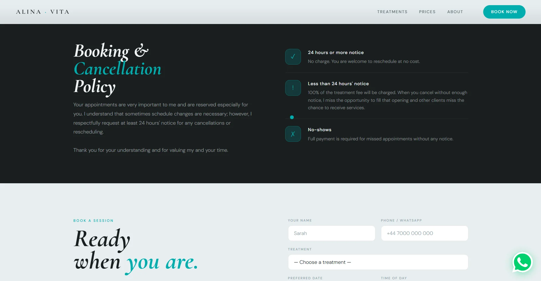 Alina Vita booking form and cancellation policy